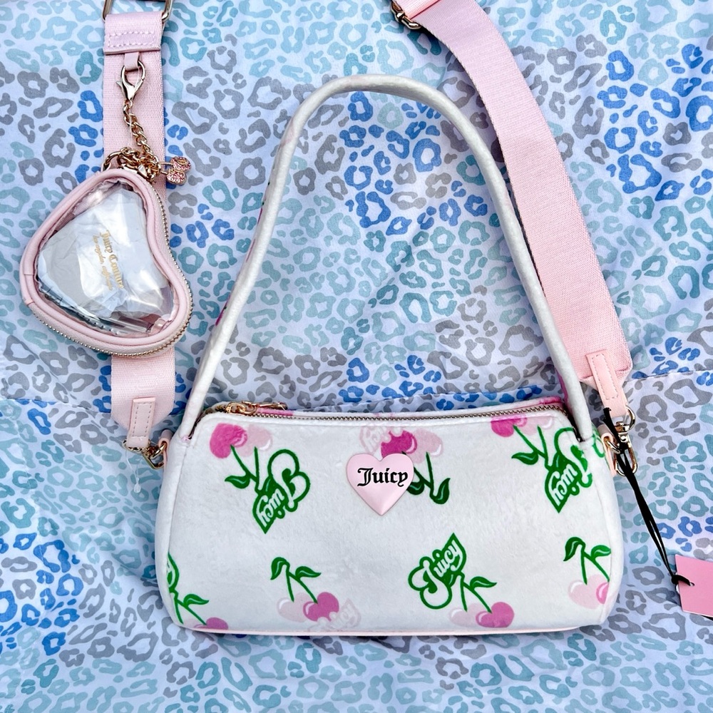 New Pink Juicy Couture Purse Cherry Velvet Shoulder Bag Handbag Vintage Style